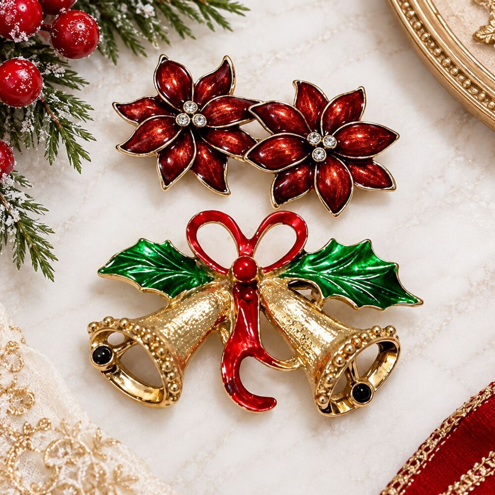 Pair of Vintage Christmas Brooches Bells and Poinsettias